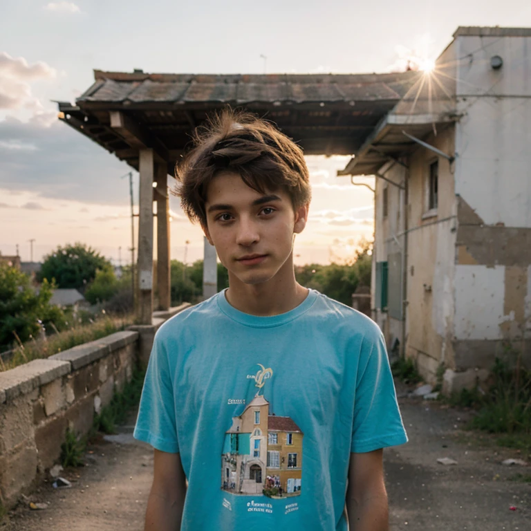 Un homme twink mignon de 19 ans d'1m74 assez fin. Il porte un t-shirt multicolore très ample et se cache dans une vieille ville abandonné où la nature a repris ses droits. Il a le regard apeuré. There is a light from the sunset reflecting on his skin.