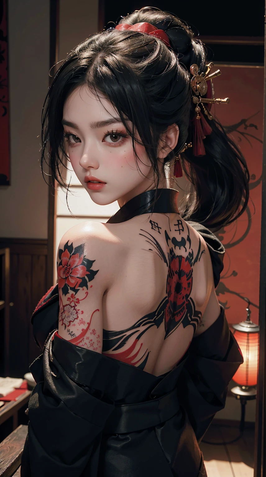 Best quality, masterpiece, super high resolution (authenticity: 1.1). A girl with beautiful red eyes and bare back. Tattooed back. Tattooed. She looks angry. Kimono. Intense look. Geisha. The movie version of warm lighting illuminates bright rooms, modern architecture, and beautiful backdrops