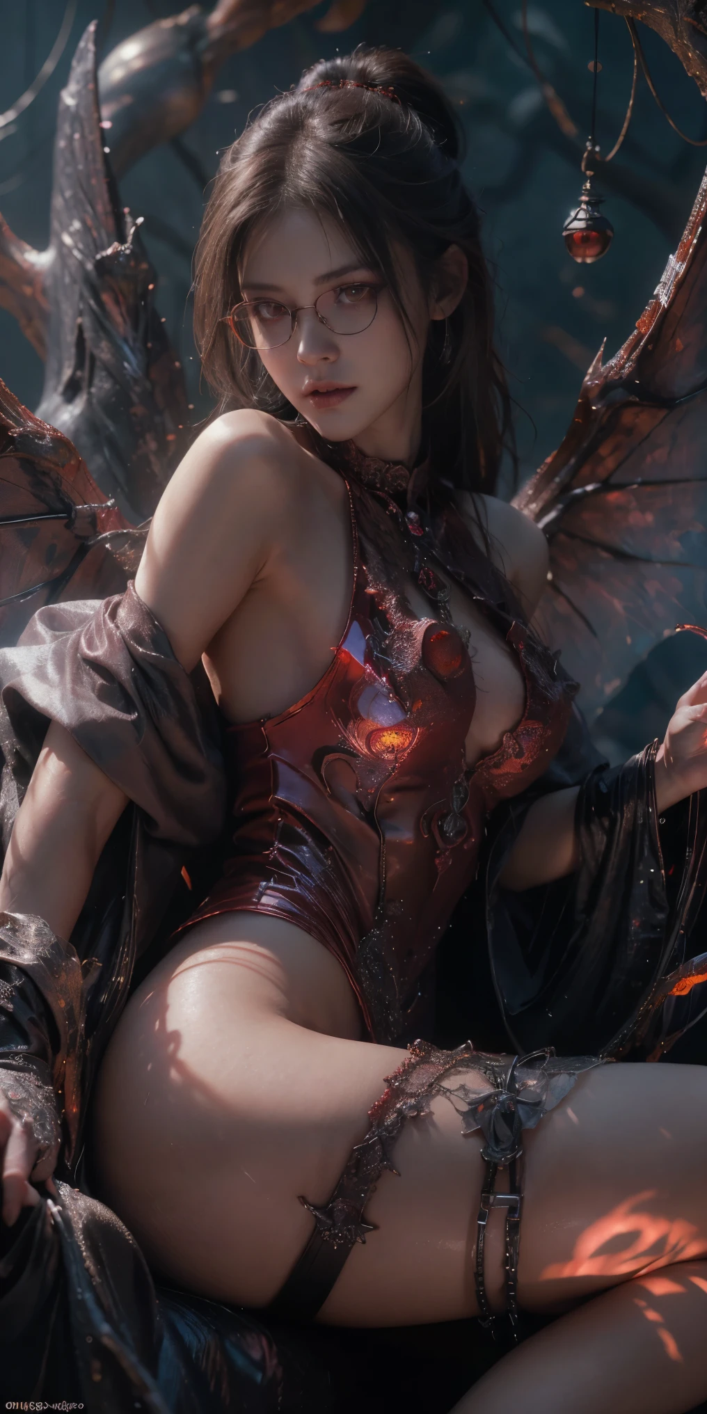 (The best illustrations)、realisitic、ultra-detailliert、The best lighting、Best Shadows、alluring succubus, ethereal beauty, perched on a cloud, (fantasy illustration:1.3), enchanting gaze, captivating pose, delicate wings, otherworldly charm, mystical sky, (Luis Royo:1.2), (Yoshitaka Amano:1.1), Dungeon and Dragon、caves、Dungeon、 A Necromancer、natta、Dark style、Succubus、Devil's Daughter、Bat Wings,(((Demon Hornlack-rimmed round glasses))))、(red eyes glowing:1.6)、beautiful countenance、Tindall Effect、(High Detail Skins:1.2) absurderes、Ponytail distortion、jewely、Beautiful expression、Toned waist、Wide buttocks、Tindall Effectmasuter piece、top-quality、Highest Standards、Top image quality、masutepiece、intricate detailes、High resolution、Depth Field、natural soft light、profetional lighting、Great smile、(High Detail Skin: 1.2)、photorealistic anime girl render、Strong highlights of the eyes、Perfect Anatomy、crotch open、Shy、Spreading your legs、Panties are visible、Skirt flipping、Body shiny with oilerectile nipple))、8K resolution、intricate clothing、Intricate details、Panties visible through the skirt、Panties in full view、Small panties, pink nipple, pink pussy