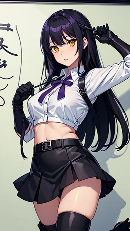 high quality、20generation、足先まで見えるwhole body画、((whole body、woman、Yellow Eyes、Black and white long hair、Short shirt with a hem、Black gloves、Belt with holster、belly button、Holding scissors、A long black skirt that shows off your legs、Skirt flip、Purple ribbon、White underwear、Clothes are not taken off、Black Military Boots)) background((Whiteboard))Debris in the air、 Written boundary depth、Visual Arts、high resolution、beautiful、Panties in full view、Erotic