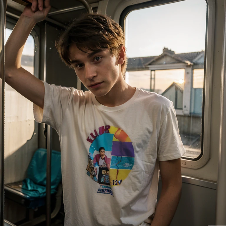 Un homme twink mignon de 19 ans d'1m74 assez fin. Il porte un t-shirt multicolore très ample et se cache dans un vieux train abandonné. Il a le regard apeuré. There is a light from the sunset reflecting on his skin.