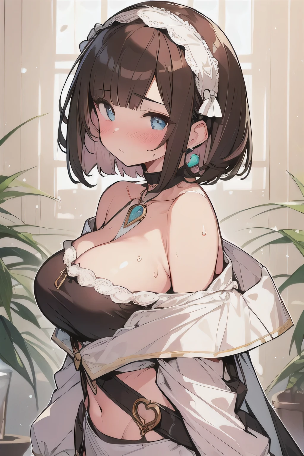(best quality), (Super detailed), (Best Illustration), (1woman), look at viewer, from side, (off shoulder top), (Big Breasts:1.2), {brown hair, (bob cut:1.2), curly hair, hairs between eyes}, {(detailed eyes), heart-shaped pupils, blue eyes}, blush, sweat, steam, earrings, navel, white hairband,