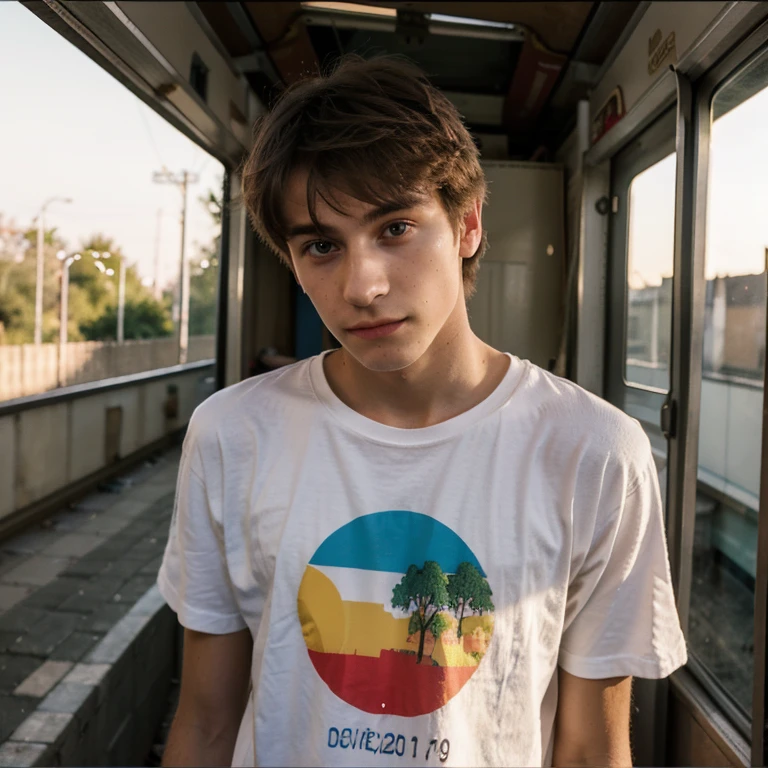 Un homme twink mignon de 19 ans d'1m74 assez fin. Il porte un t-shirt multicolore très ample et se cache dans unvieux train abandonné. Il a le regard apeuré. There is a light from the sunset reflecting on his skin.