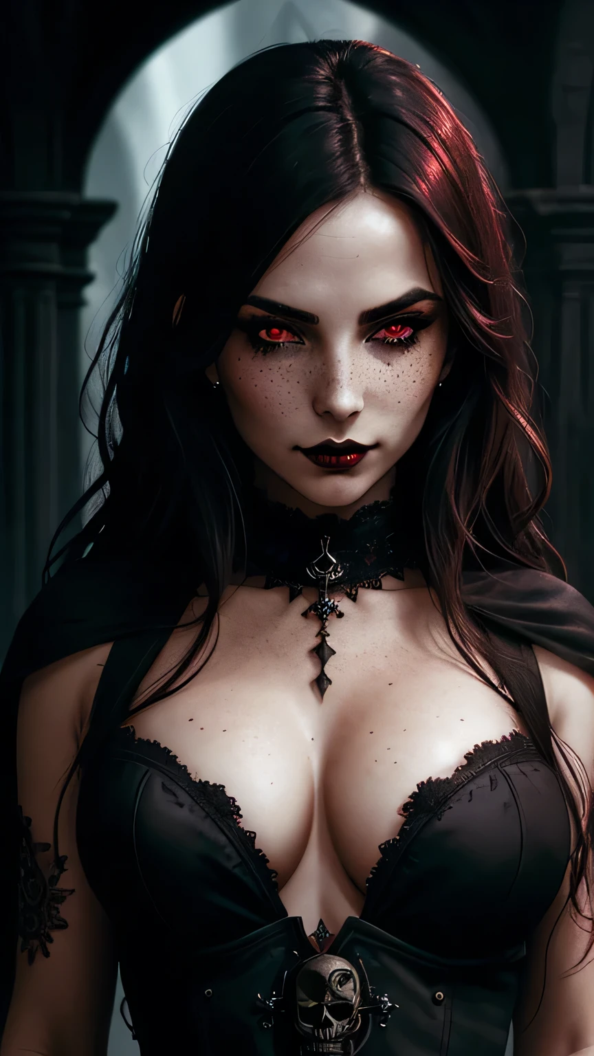 (best quality, hyperdetailed photography:1.2), beautiful lady, freckles, gothic dark makeup, soft light, perfect breast, cover, (detailed beautiful face, detail skin texture, ultra-detailed body:1.1) sexy vampire girl, red eyes, perfect body, skull, blood