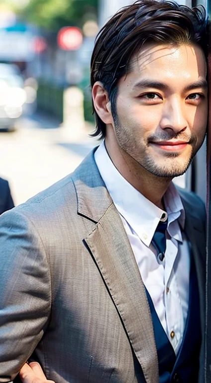 1boy, 35 year old 、japanese male, (Man's:1.5), grey  eyes, Squint, (Very short hair: 1.3), Under_cut, ((Shirt)), ((Gray suit)), (Handsome, sharp) , Smile,))), (stout muscles), (stout physique), SFW, Outdoors, Detailed background, Modern City,Top image quality、beardless face