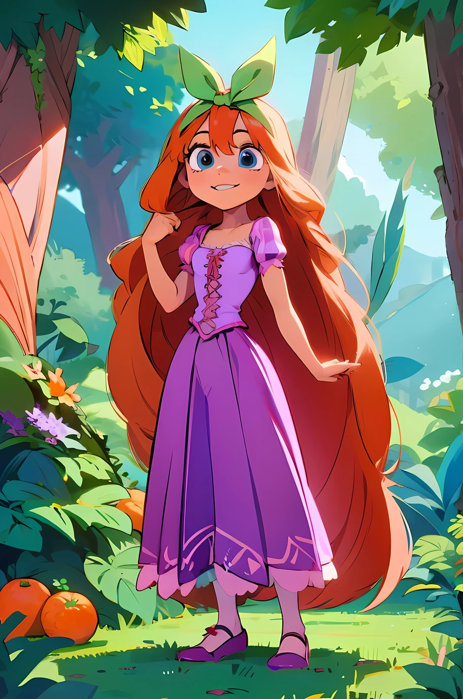 Fusion between Rapunzel from disney and Yotsuba Nakano, good fusion, excellent character design, masterpiece, 4k, perfect anatomy, perfect face, perfect eyes, 1girl, solo, full body, yotsuba nakano wearing rapunzel's dress, long long orange hair, red hair, pink hair, orange hair, extremely long hair, bangs, hair between eyes, green ribbon on hair, hair ribbon, blue eyes, athletic, muscular, purple rapunzel dress, long dress, long purple dress, smiling, cute, lovely, lovely expression, simply nature magical background, full body, standing up