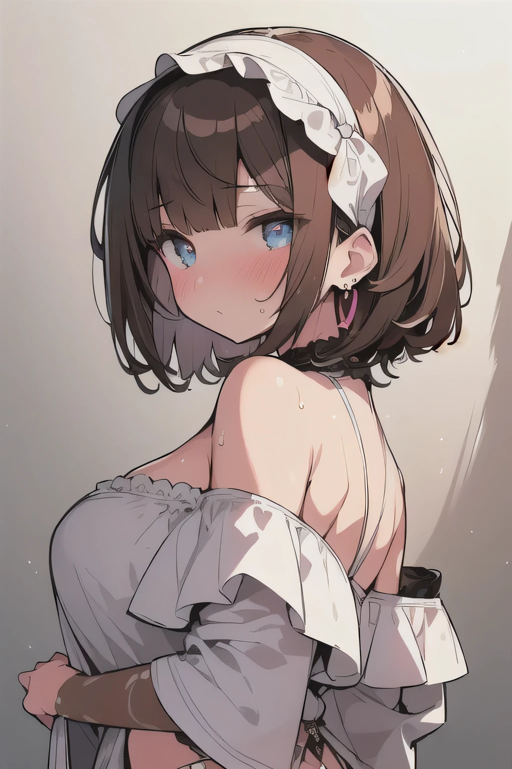 (best quality), (Super detailed), (Best Illustration), (1woman), look at viewer, from side, (off shoulder top), (Big Breasts:1.2), {brown hair, (bob cut:1.2), curly hair, hairs between eyes}, {(detailed eyes), heart-shaped pupils, blue eyes}, blush, sweat, steam, earrings, hairband,