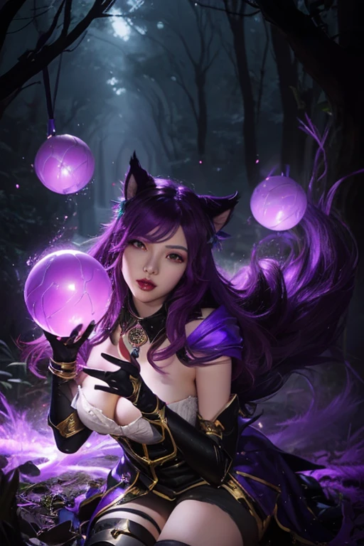 a woman with a purple ball in her hand in a dark forest, league of legends concept art, riot games concept art, seraphine ahri kda, league of legends character art, ahri, league of legends splash art, league of legends arcane, leblanc, portrait of ahri, splash art, from league of legends, league of legends character