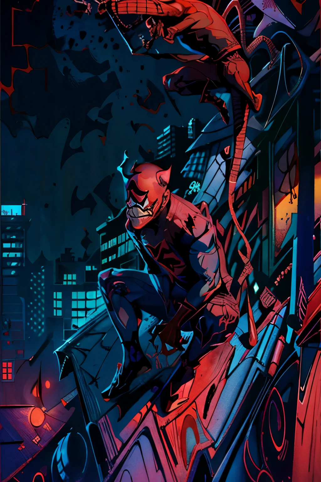 NSFW, ((Daredevil, Sitting on a Rooftop, Into the Spider-Verse Art Style, Crimson Skies, Cinematic:1.5)), High Quality, Detailed Texture, Realistic Shading, Vibrant Colors, (Daredevil Character), Red Suit, Mask, Gritty Texture, (Cinematic Scene:1.5), Sunset, Crimson Skies, Dynamic Lighting, Dramatic Shadows, Cityscape, Graffiti, (Detailed Background:1.0), (Masterpiece), Brave, Adventurous, Dangerous, Thrilling, (Sitting Position), Looking