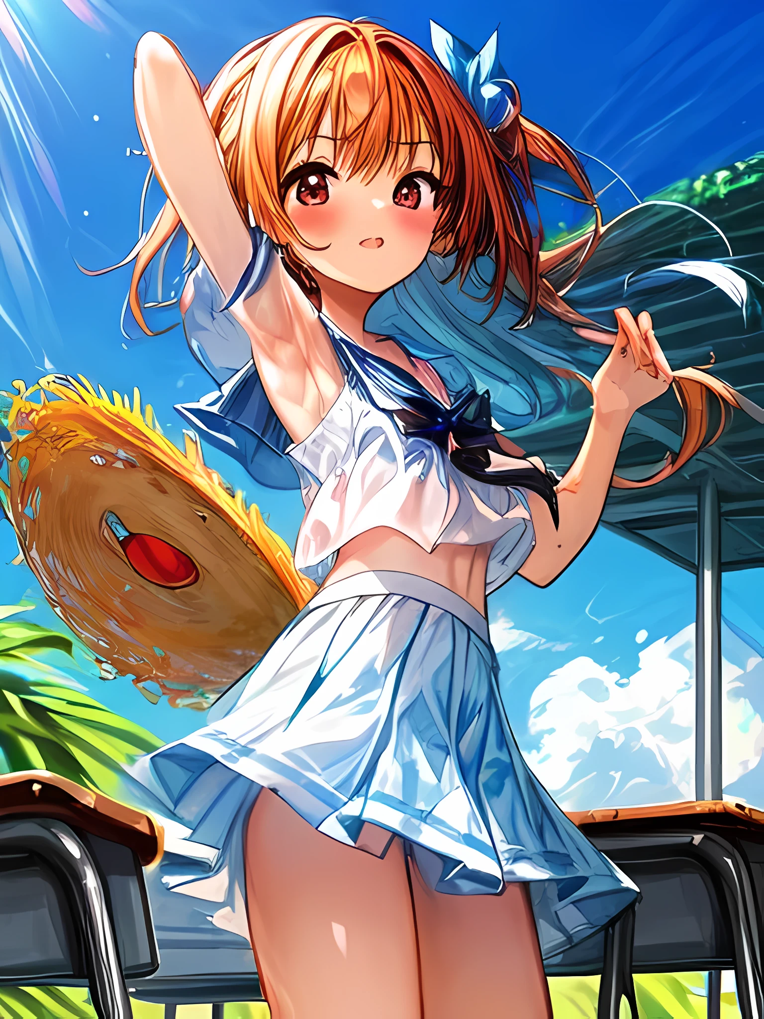 Create an image of a girl wearing summer clothes, classroom, vibrant blue sky. The image should capture the essence of summer, with a warm and sunny background. The girl should be in a typical summer pose, with a high-contrast effect and a subtle glow. The upper part of the screen should have a darker tone, gradually transitioning into a brighter tone towards the bottom.