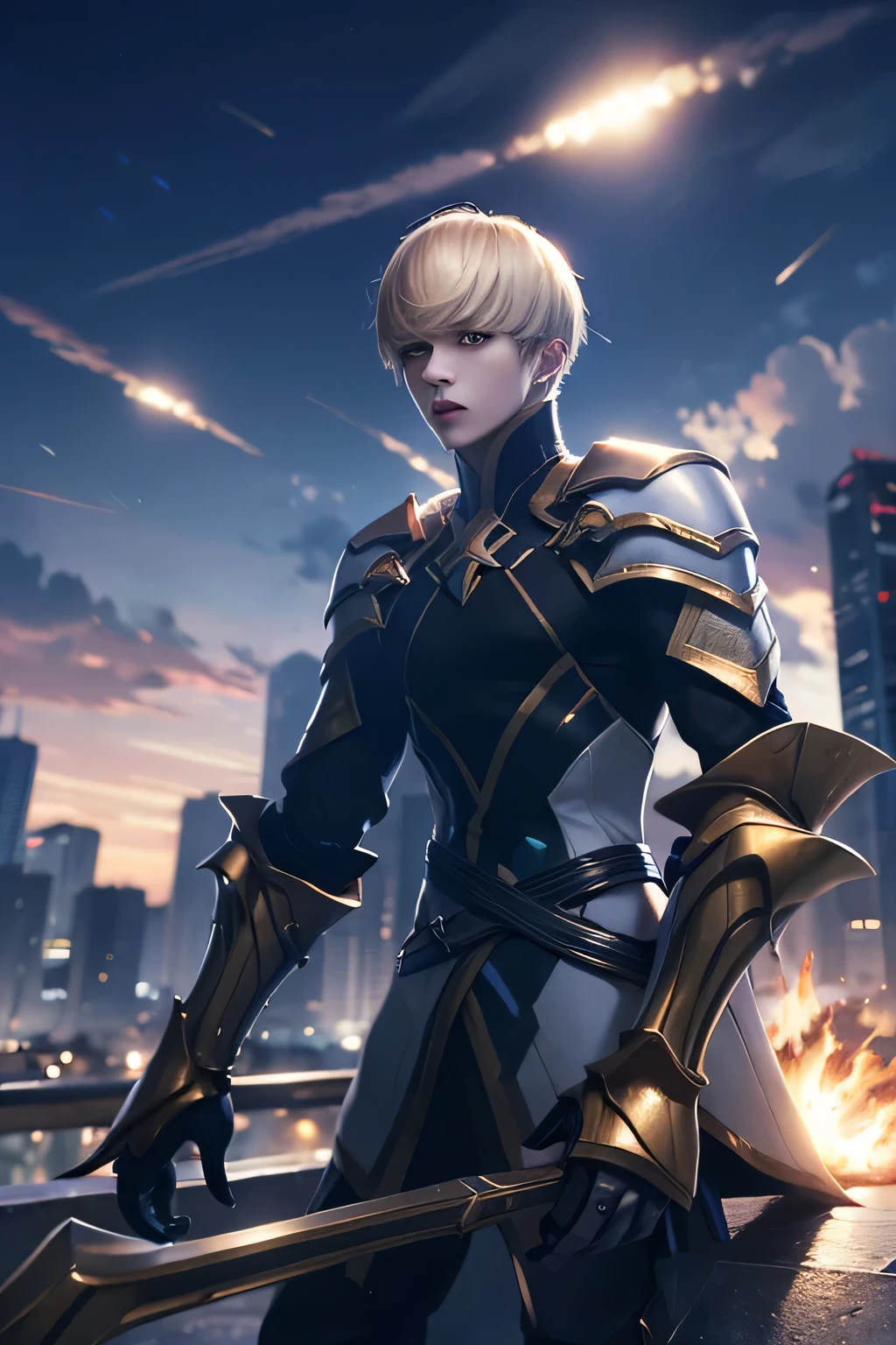 (masterpiece),((ultra-detailed)), (highly detailed CG illustration),(expressionless), (best quality:1.2),(1girl:1.2), enzo, solo, looking at viewer, short hair, bangs, blunt bangs, blue eyes, blonde hair, gloves, 1boy, male focus, armor, shoulder armor, (blood), fire, blood on face, gloves, black gloves, belt, boots, armored boots, gauntlets, pants, black pants, coat, white coat, dual wielding,  outdoors, sky, star (sky), city background, night, realistic, sitting,