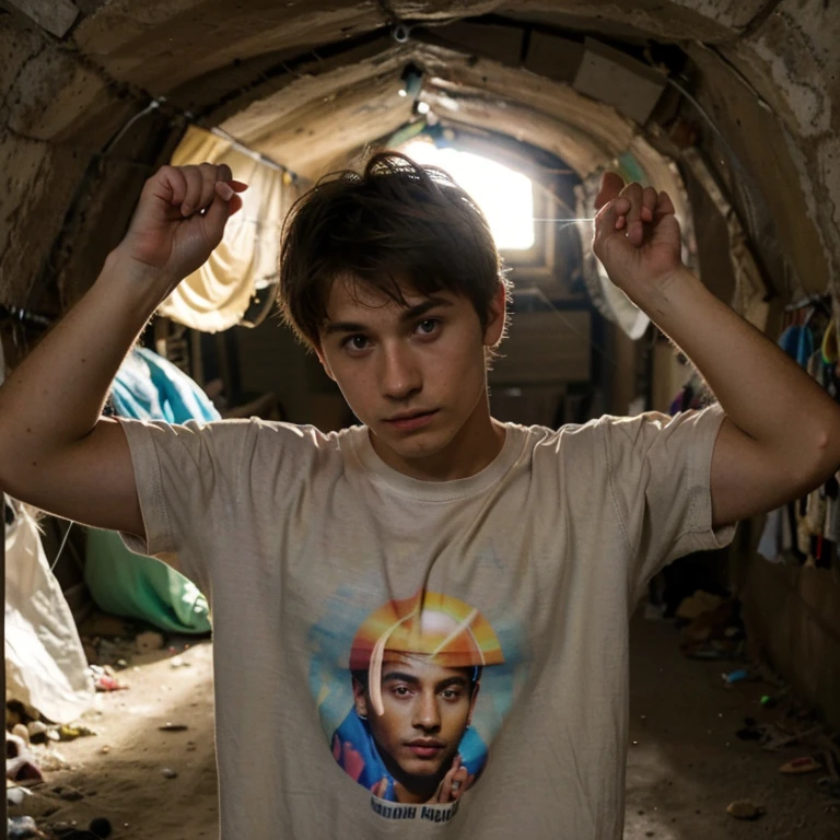 Un homme twink mignon de 19 ans d'1m74 assez fin. Il porte un t-shirt multicolore très ample et se cache dans un tunnel de mine. Il a le regard apeuré. There is a light from the sunset reflecting on his skin. Et il pleut un peu.