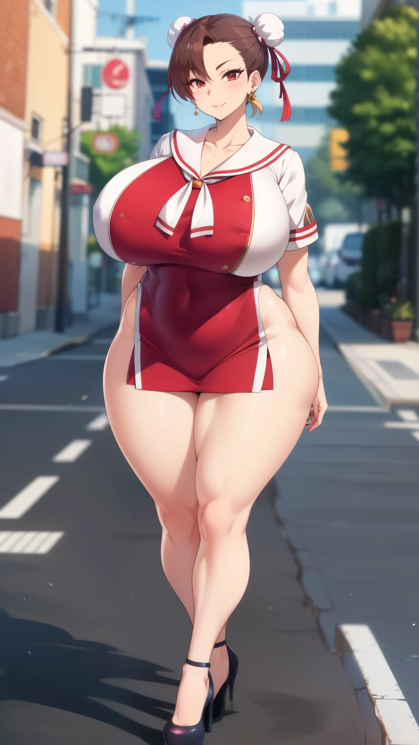 Big Breasts, Big Hips, Full Body Shot, Mature mother, Voluptuous thighs, Whole calf, Seductive mature woman, Perfect body, Plus Size Model, Sailor suit, Wearing high heels,Miniskirt Uniform, Mai Shiranui,