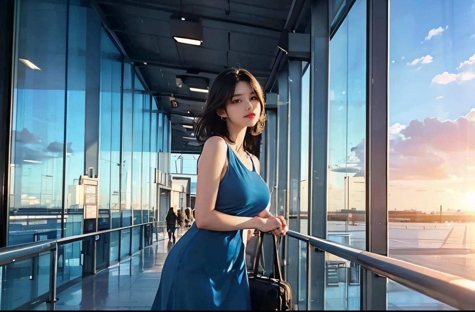 Large airport、Large glass windows、超long shot、Blue dress、White clouds and blue sky、Inside the airport、woman、Backlight、Short black hair、Detailed people、Detailed Background、),(Background and character ratio:0.8)