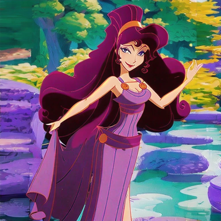 (masterpiece, best quality:1.2), (1girl:1.2), solo, brunette hair, long hair, purple eyes, purple dress, Megara, animation style, ponytail, makeup, full body, best quality, anime, animated, disney animation, 2D