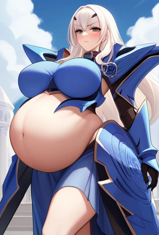 1girl, armor, armored dress, blue armor, blue dress, breastplate, breasts, collar, dress, faulds, forked eyebrows, gauntlets, long hair, mask, pauldrons, short dress, shoulder armor, sidelocks, sky, small breasts, solo, thighs, white hair score_9, score_8_up, score_7_up, score_6_up, score_5_up, score_4_up, BREAK source_anime, masterpiece, (perfect hands, perfect anatomy), (perfect hands, perfect anatomy), big breasts, huge big breasts,huge large breasts, (large breasts:1.6), (big breasts:1.5), sonrojo, :(, ((large breasts:1.6)) big belly, huge belly, vore, big belly, hermoso, obra maestra, mejor calidad, cara extremadamente detallada, perfect ilumination, 1girl, solamente, (manos perfectas, Perfect anatomy), Masterpiece 8k, blush, (blush:1.3)
