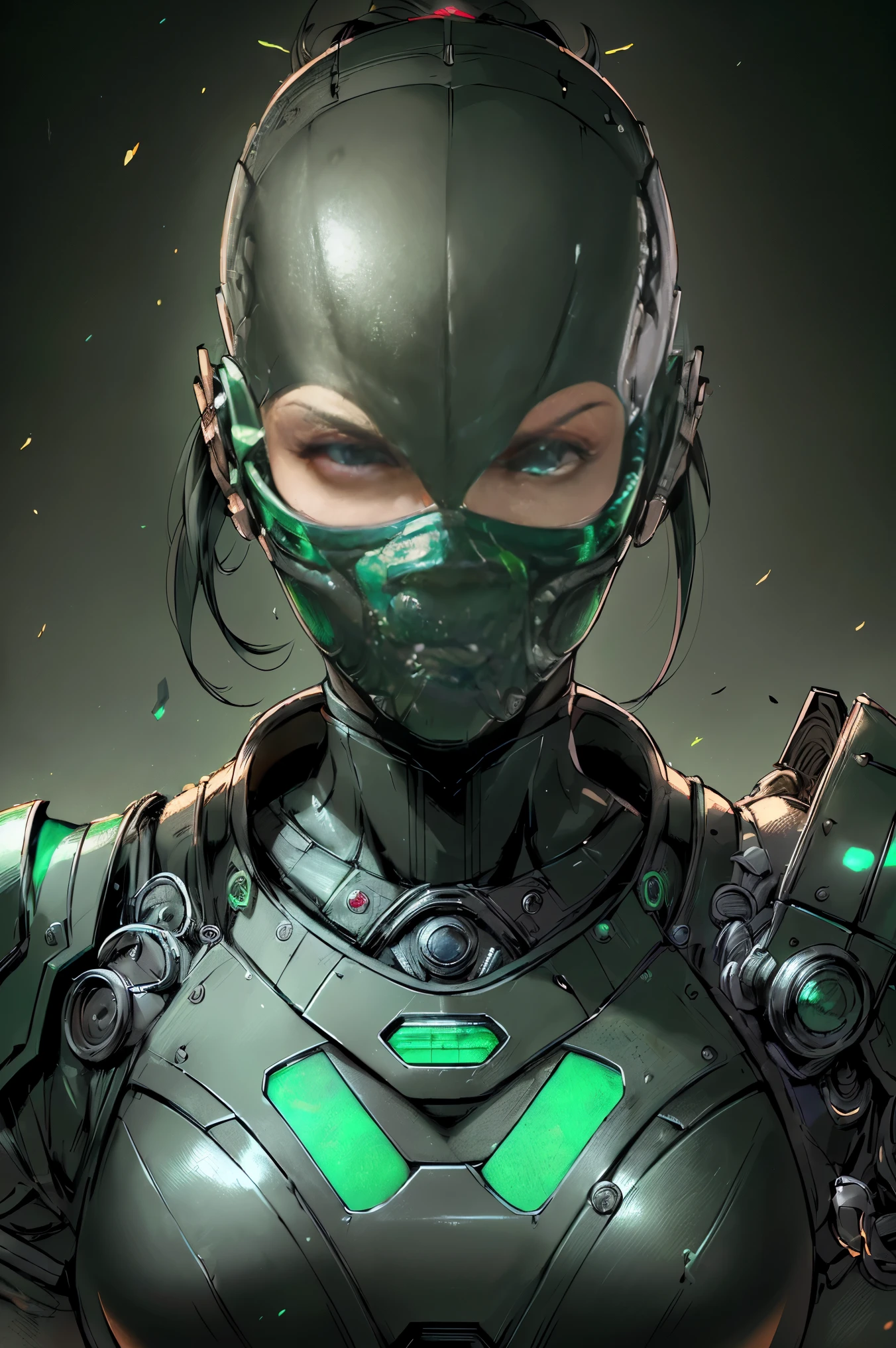 (best quality,4k,8k,highres,masterpiece:1.2),ultra-detailed,(realistic,photorealistic,photo-realistic:1.37),1 woman,cyborg,bald,Mortal Kombat 1 fighter,mask,wearing futuristic dark green armor,scales,ninja style,robot green eyes,ninja pose,close up,dystopian background,bokeh