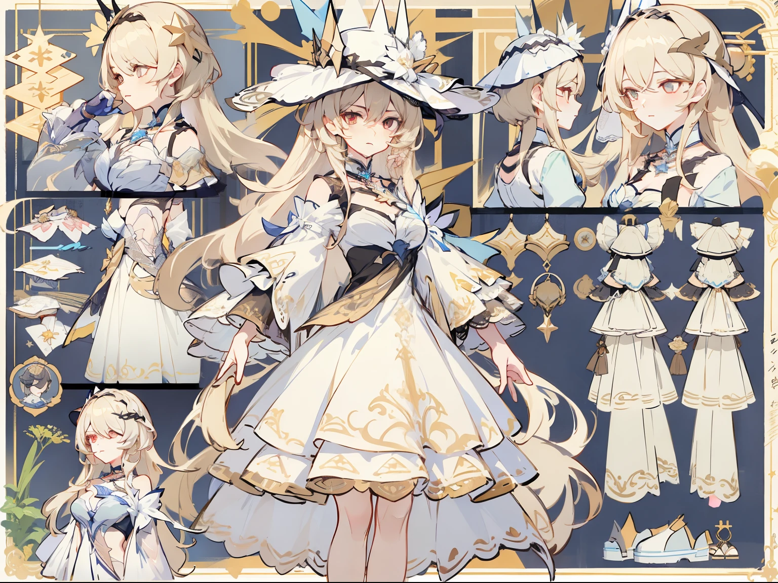 (Masterpiece, best quality) detailed, Detailed face, honkai star rail character, character sheet, full bodyesbian, many items (same person, dress, necklace, lace, bow, hat, shoes, decoration, many parts), aristocratic woman, gentle, good-looking skirt, full of details, clear outfit design