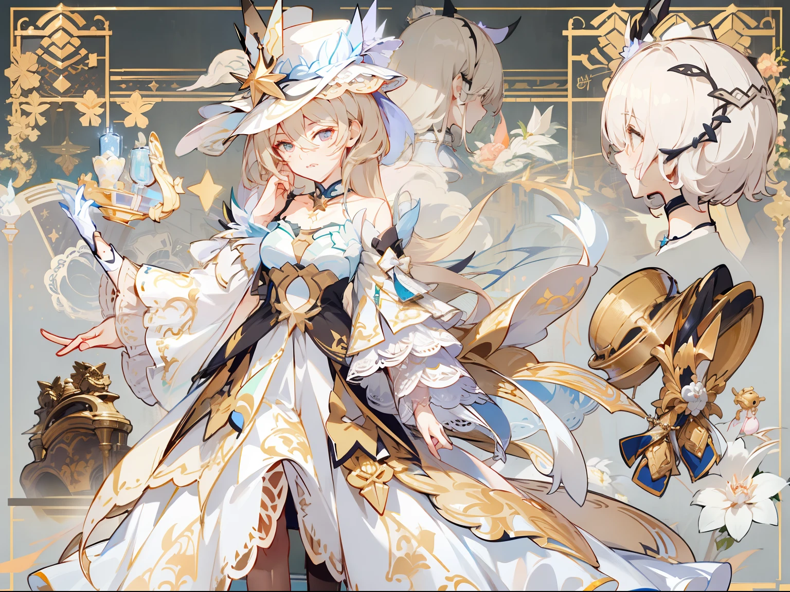 (Masterpiece, best quality) detailed, Detailed face, honkai star rail character, character sheet, full bodyesbian, many items (same person, dress, necklace, lace, bow, hat, shoes, decoration, many parts), aristocratic woman, gentle, good-looking skirt, full of details, clear outfit design