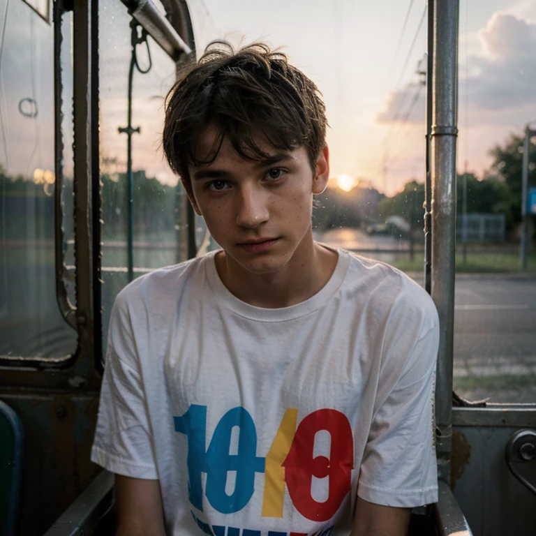 Un homme twink mignon de 19 ans d'1m74 assez fin. He wears a very loose multi-colored t-shirt and hides in an abandoned bus. Il a le regard apeuré. There is a light from the sunset reflecting on his skin and it is also raining a little.