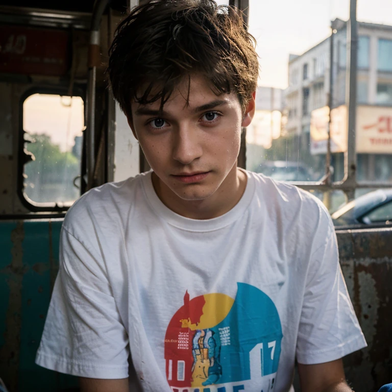 Un homme twink mignon de 19 ans d'1m74 assez fin. He wears a very loose multi-colored t-shirt and hides in an abandoned bus. Il a le regard apeuré. There is a light from the sunset reflecting on his skin and it is also raining a little.