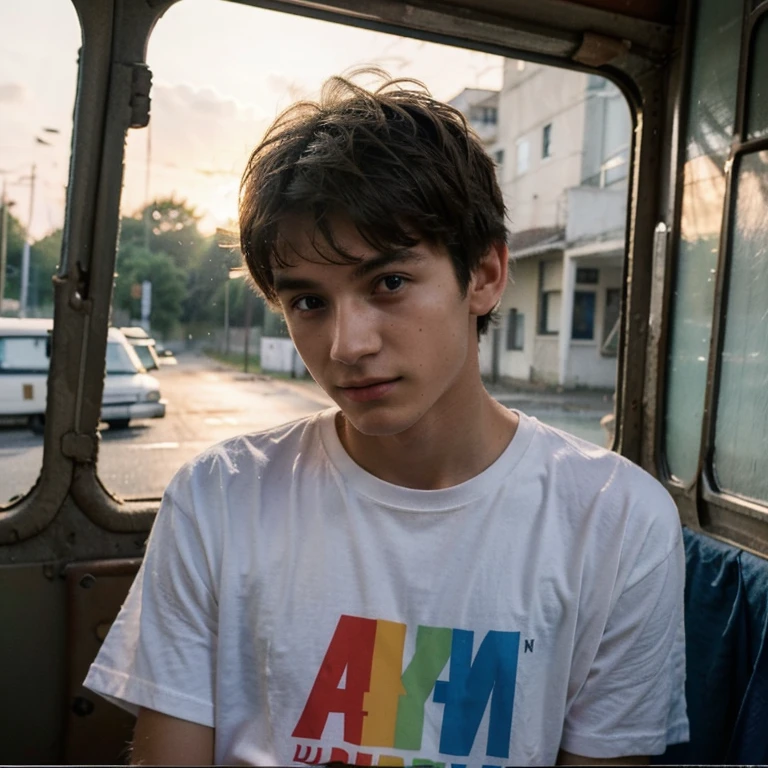 Un homme twink mignon de 19 ans d'1m74 assez fin. He wears a very loose multi-colored t-shirt and hides in an abandoned bus. Il a le regard apeuré. There is a light from the sunset reflecting on his skin and it is also raining a little.