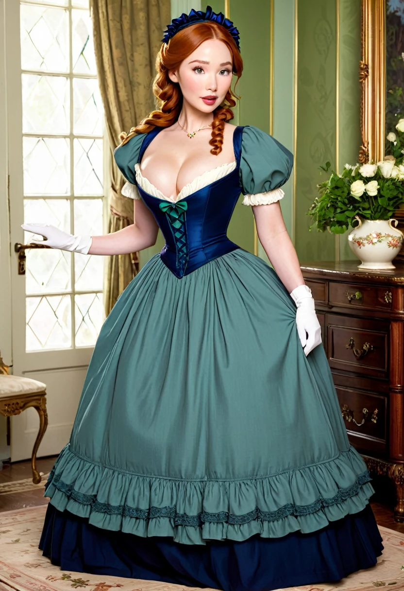 A beautiful Aristacrat woman with soft facial features who embodies old fashioned class, sophistication, elgance as well as wholesome, natural beauty. curvy, thin-waist, wide-hips, swaying-hips. Olivia Munn and Molly Quinn mash-up. Oppulent historically accurate victorian dress.