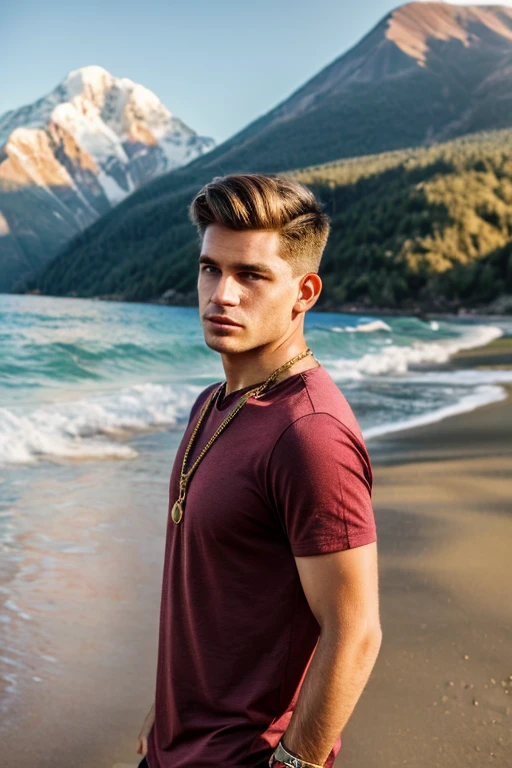 (masterpiece,best quality,photorealistic, DSLR,F/1.2) (man 22 years old on the beach ) (full-length photo) (perfect angle) (mountains in the background ) (man has brown hair, oval face stretched upwards, hairstyle - underrcut, hair length - 8 cm) (color Porta 160, iPhone 15 pro photo) (unprocessed photo) (man is wearing maroon T-shirt,bronze chain around his neck, expensive watch on his arm.) (natural light)