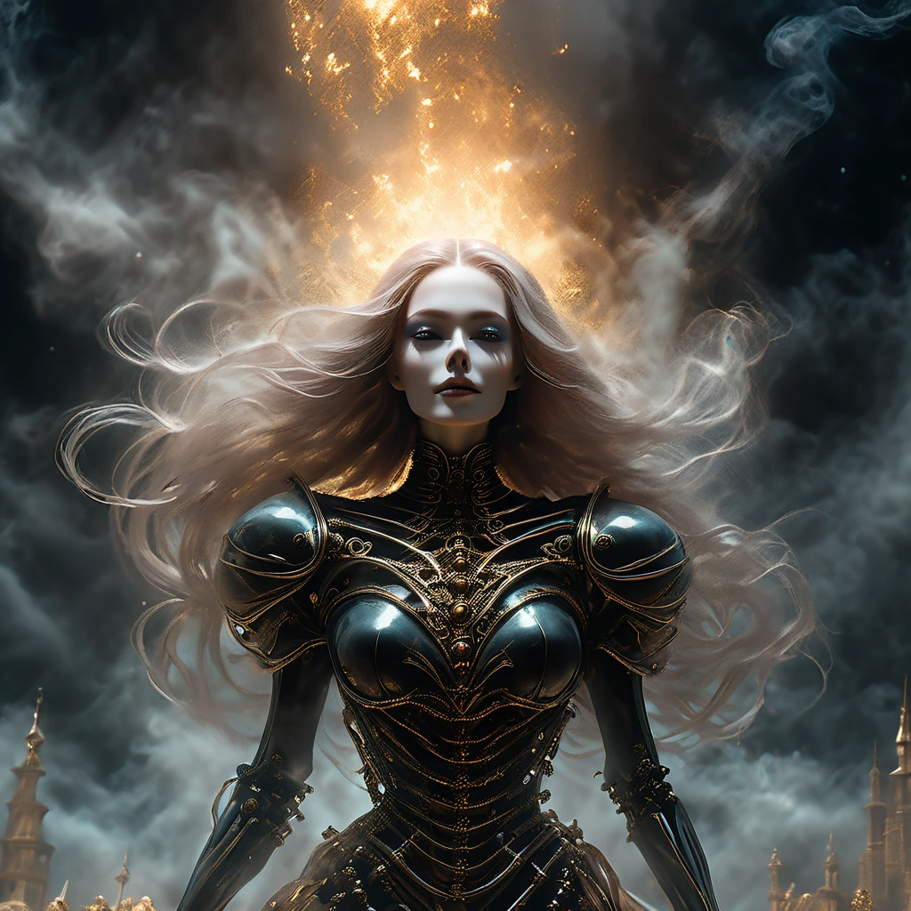 highly detailed, cinematic photo, dark theme, high contrast, full body shot, illustration, masterpiece, very beautiful face, eerie, smoke, epic, cyborg, 1girl, humanoid robot girl, human face, skeleton frame, long flowing pale crimson translucent hair, leaning on her back, renaissance era, universe backdrop, gold, silver, ethereal otherworldly wraith-like, specter silhouette, demon, monster