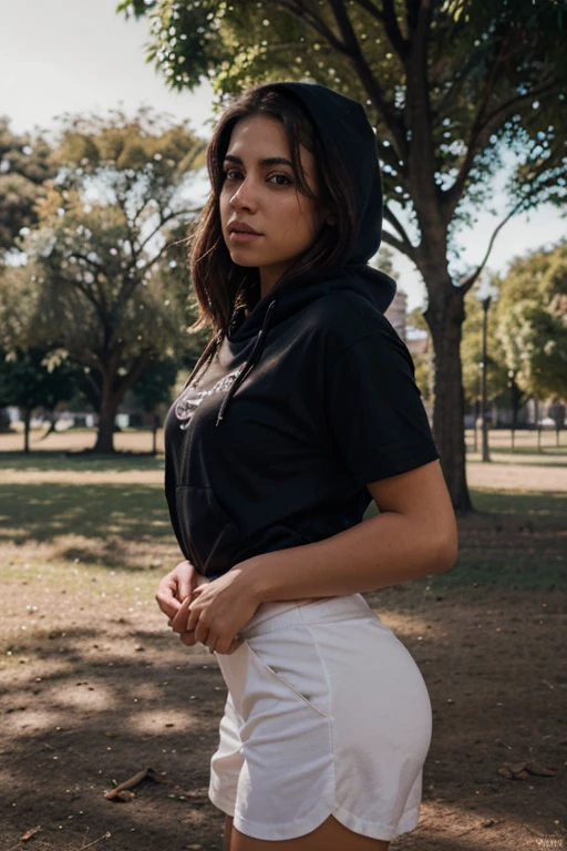 rostro, largo_Para el, gorgeous, Chica de la ciudad, escote, occidental, white t-shirt sexual excitement, Culotte esculpido negro (obra maestra), Mejor calidad, high resolution, extremadamente detallado, Fondo exterior, profundidad de campo, Cinematic lighting Standing in park., senos grandes y culo grande, ella no es delgada, She is in the park training with a unicolor hoodie with a burgundy hood and drawstrings.