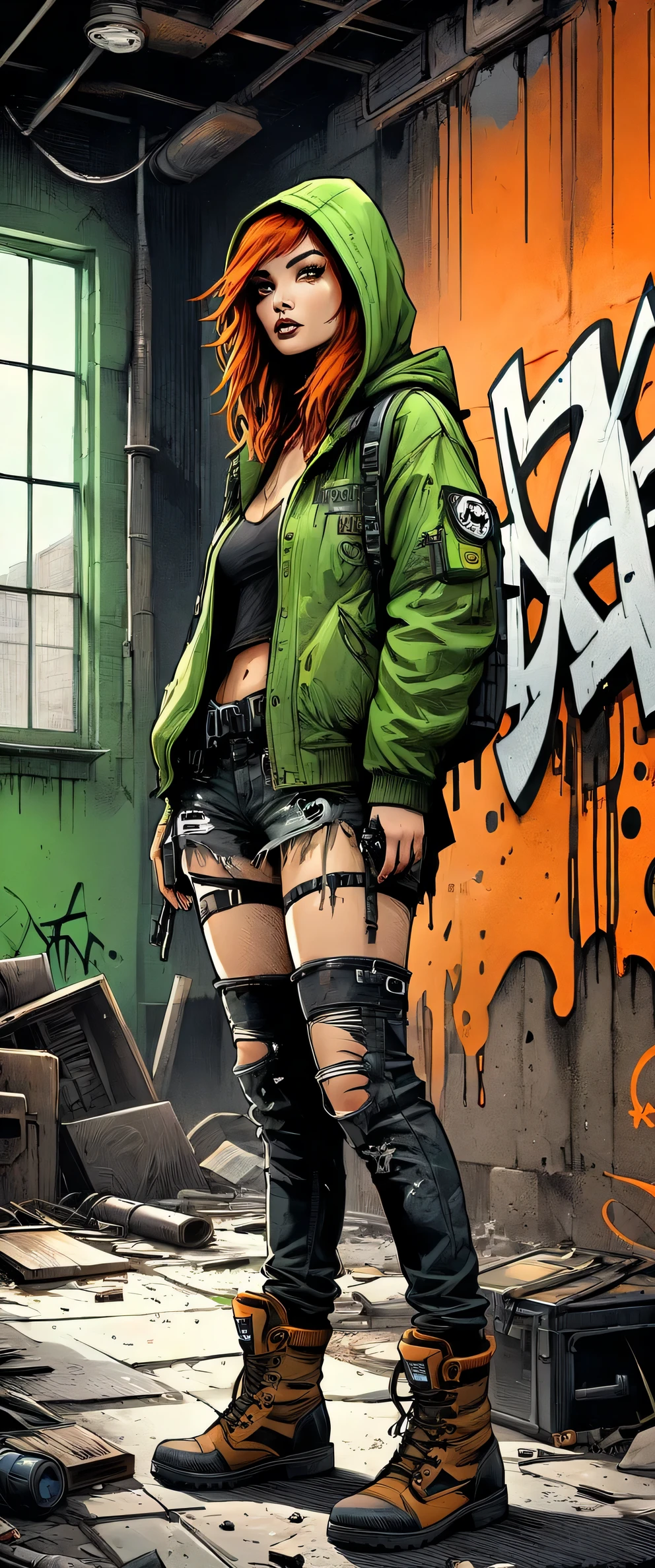 ((post apocalyptic Wasteland, lugar abandonado, escombros, destruction, edificios destruidos graffiti en las paredes:1.5)), ((1 chica hermosa oscuros, ropa hecha jirones con capucha y bazuca en su mano a punto de tirar, dynamic pose, epic:1.6)), ((fondo oscuro, noche de luna llena:1.4)), (Obra maestra),(mejor calidad:1.4), (Ultra high resolution:1.4), pintura detallada, (((Colores oscuros, naranja, verde, amarillo, intrincado:1.5) ), (( post apocalyptic:1.4 )), (( mejor calidad, vibrante, 32K, luces y sombras bien definidas sin texto:1.3).