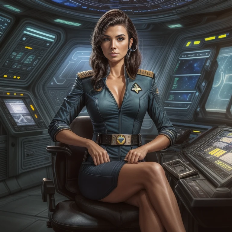 Female Starship Enterprise Officer sits in the command chair of her command station. Short tight uniform dress with deep V-neck, ((Starship Enterprise insignia on the chest: 1.3)), communicates with a headset, make up, boots, painted fingernails, (phaser weapon on a belt: 1.2), cheeky uniform, (Starship Enterprise Bridge: 1.4), ((Legs crossed: 1.5)) (Full Person: 1.4), Strong Make Up