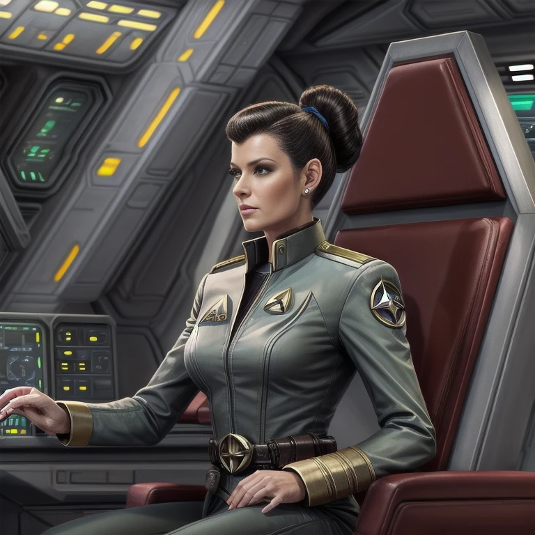 Female Starship Enterprise Officer sits in the command chair of her command station. Short tight uniform dress with deep V-neck, ((Starship Enterprise insignia on the chest: 1.3)), communicates with a headset, make up, boots, painted fingernails, (phaser weapon on a belt: 1.2), cheeky uniform, (Starship Enterprise Bridge: 1.4), ((Legs crossed: 1.5)) (Full Person: 1.4), Strong Make Up
