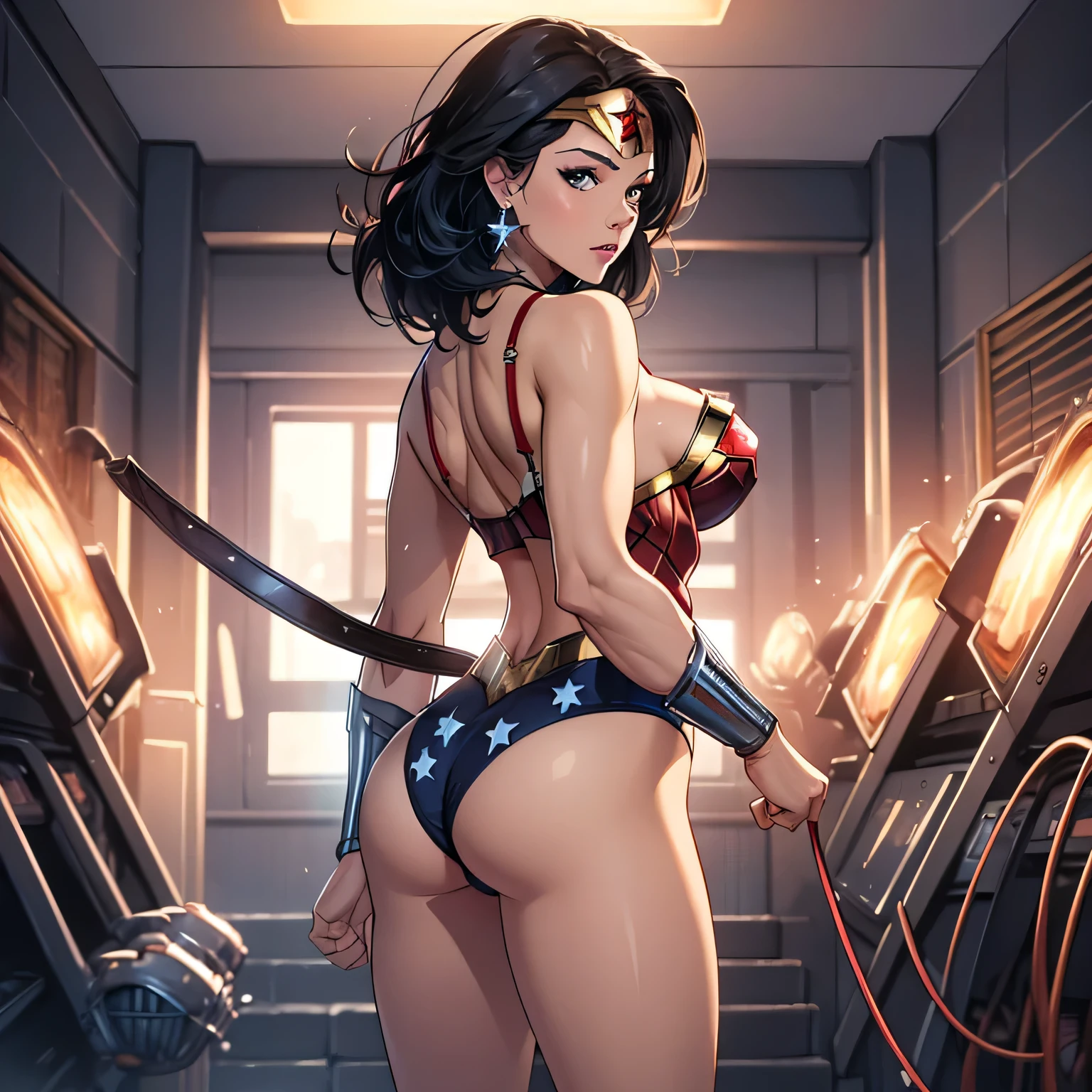 (masterpiece), best quality, perfect back, 4k, UHD, ultra detailed, clean image, denoise, 1girl, solo, Wonder woman, big breast, withe bra and small panties , earrings, showing her big bottom and tite pussy closeup camera