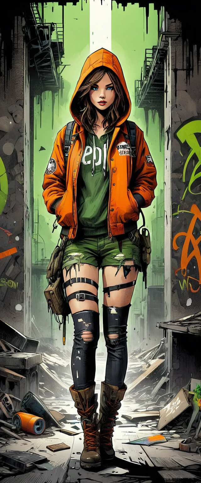 ((post apocalyptic Wasteland, lugar abandonado, escombros, destruction, edificios destruidos graffiti en las paredes:1.5)), ((1 chica hermosa oscuros, ropa hecha jirones con capucha y bazuca en su mano a punto de tirar, dynamic pose, epic:1.6)), ((fondo oscuro, noche de luna llena:1.4)), (Obra maestra),(mejor calidad:1.4), (Ultra high resolution:1.4), pintura detallada, (((Colores oscuros, naranja, verde, amarillo, intrincado:1.5) ), (( post apocalyptic:1.4 )), (( mejor calidad, vibrante, 32K, luces y sombras bien definidas sin texto:1.3).