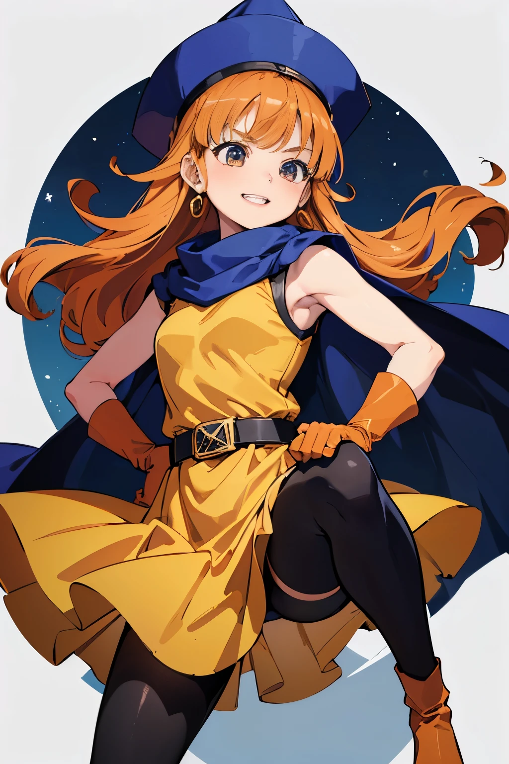 1 girl、High resolution、masterpiece、(alena-dq4、DQ4-ALENA、Orange straight hair)、Grin、Short stature、Thin thighs、Thin legs、Small shoulders、slender、Muscular、(bedroom)、(hat、dress、Cape、belt、Gloves、Black tights)、Night Grassland、attacking with a kick、Attacking with the legs、High Kick