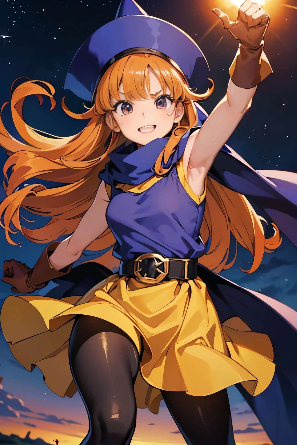 1 girl、High resolution、masterpiece、(alena-dq4、DQ4-ALENA、Orange straight hair)、Grin、Short stature、Thin thighs、Thin legs、Small shoulders、slender、Muscular、(bedroom)、(hat、dress、Cape、belt、Gloves、Black tights)、Night Grassland、attacking with a kick、Attacking with the legs、High Kick