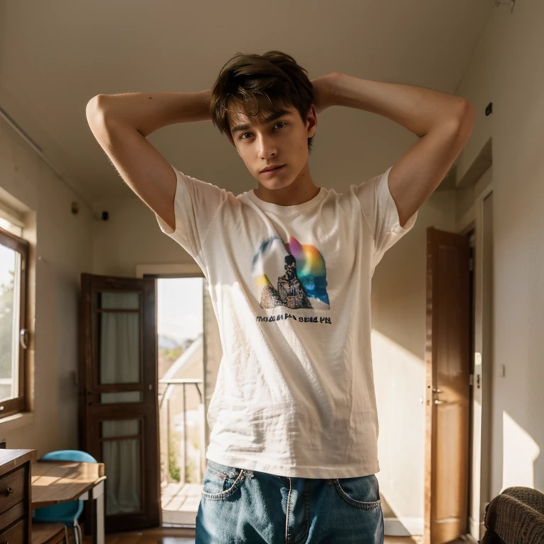 Un homme twink mignon de 19 ans d'1m74 assez fin. Il porte un t-shirt multicolore très ample et se cache derrière un ordinateur. Il a le regard apeuré. There is a light from the sunset reflecting on his skin.