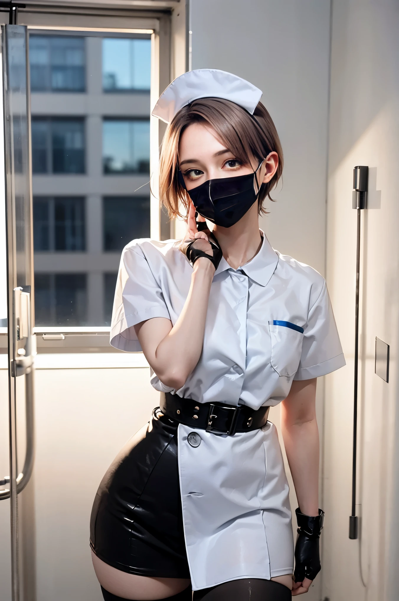 black nurse, 1woman, solo, black nurse cap, black wear, ((black legwear, zettai ryouiki)), black elbow gloves, blonde hair, blue eyes, ((black surgical mask, covered nose)), standing, ((surgery room)), sharp outline, short sleeves, mature female, 35 years old, best quality, masterpiece