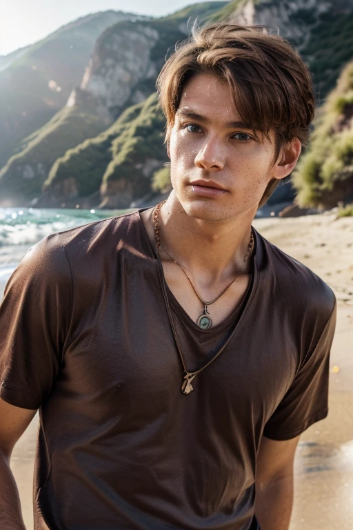 (masterpiece,best quality,photorealistic, DSLR,F/1.2) (man 22 years old on the beach ) (full-length photo) (perfect angle) (mountains in the background ) (man has brown hair, oval face stretched upwards, hairstyle - underrcut, hair length - 8 cm) (color Porta 160, iPhone 15 pro photo) (unprocessed photo) (man is wearing maroon T-shirt,bronze chain around his neck, expensive watch on his arm.) (natural light)