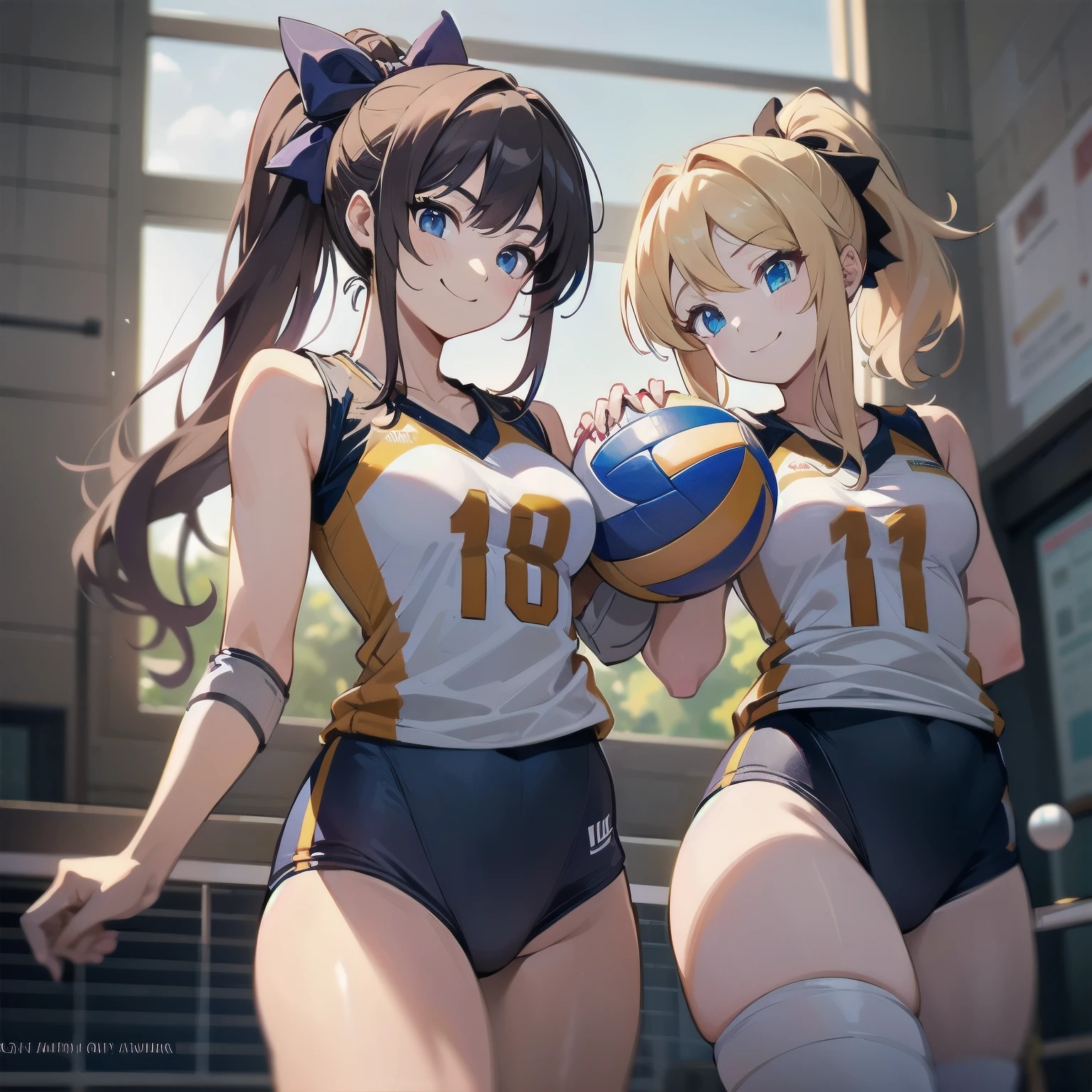 unity 8k wallpaper, anatomically correct, (((masterpiece))), (((best quality))), (((ultra detailed))), (((high-resolution))), ((super fine illustration)), ((Ultimate cutie)), detailed beautiful face, shiny hair, 18 years old, ((potbelly)), (curvy), medium breasts, ((Thick thighs)), sleeveless volleyball uniform, ((buruma)), ((knee pad)), (elbow pad), ((hold volleyball)), ((hold a 6-inch volleyball)), cowboy shot, in volleyball court, in school gymnasium,
BREAK, 2girls_A_and_B, A girl_have_{{blond ponytail}}_{hair bow}_{{happy}}_{smile},
BREAK, B girl_have_{black short hair}_ {hair bow}_{{{smirk}}}