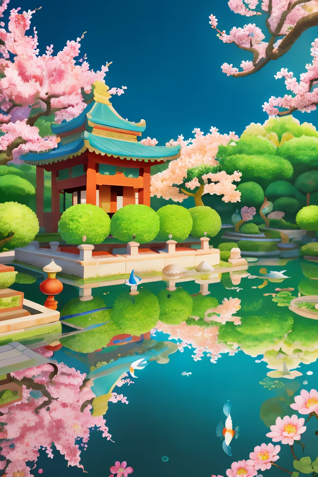 In the heart of the city, there's a charming, chinoiserie style small park palace that boasts a Japanese-inspired decorative roof. Honoring ancient Eastern traditions, the intricately designed tiles depict vibrant dragons and graceful blossoms, gently swaying in the breeze. The palace, nestled near the park pond, invites serenity and tranquility. Realistic koi fish glide through the crystal-clear waters, reflecting the elegant, ornate buildings that blend harmoniously with nature.