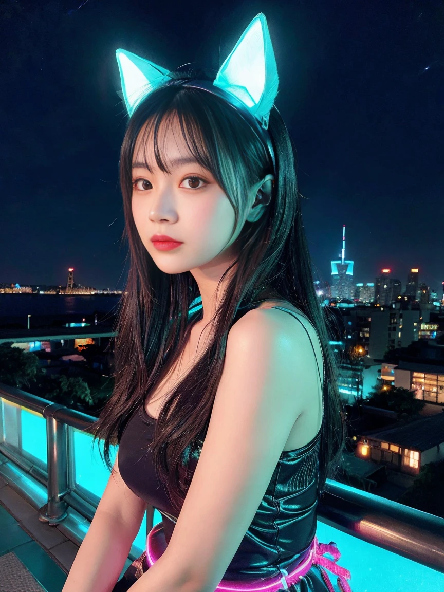 最high quality, masterpiece, 32k、Super detailed、realistic、1 girl, japanese woman、cute face, (photo actual:1.3), edge lighting, (high detail skin:1.2), 8K超High resolution, Single-lens reflex camera, high quality, High resolution, 4k, 8K, Optimal ratio of 4 fingers to 1 thumb, (actual:1.3), Green and blue neon cat ears headband、cute 1 girl, realistic、Super realistic、32k、Super detailed、masterpiece, 最high quality, beautiful girl, beauty、small breasts, Mecha, beautiful lighting, (neon light:1.2), (night:1.5), Cyberpunk Costume、sitting,Cyber Neon、future city、Skyscraper、City night、Shanghai、big city、night scene、Beautiful night scene