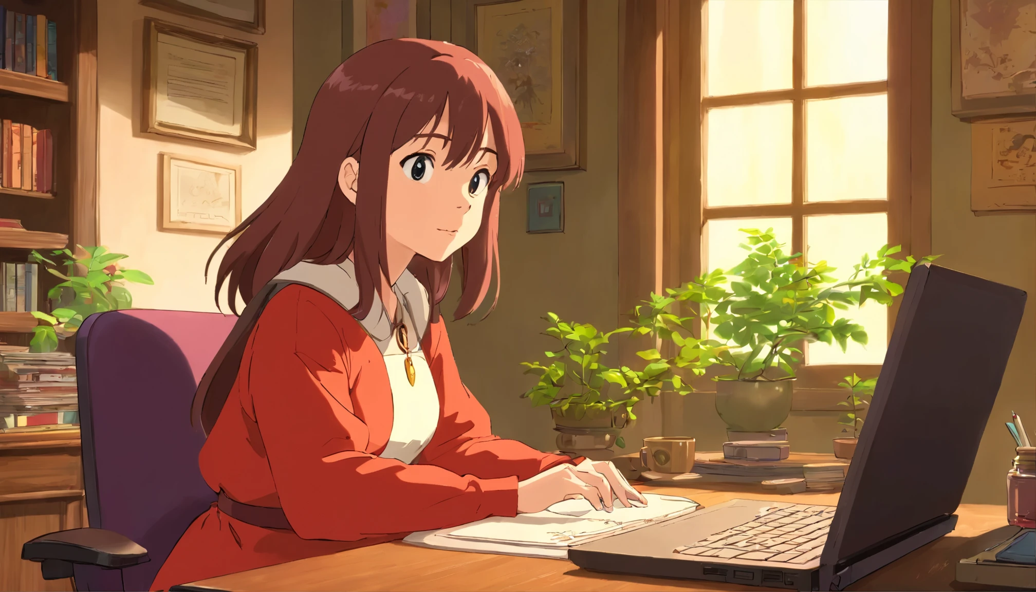Cartoon of a woman sitting at a desk with a laptop, Roffi portrait at a window, Roffi portrait, in the style of digital illustration, reproductive illustration, stylized digital illustration, matte digital illustration, Reusch art style, Loisch |, LOFI Girl, Urban Girl Fan Art, Lofiart style, Digital 2D illustration, Lofiart