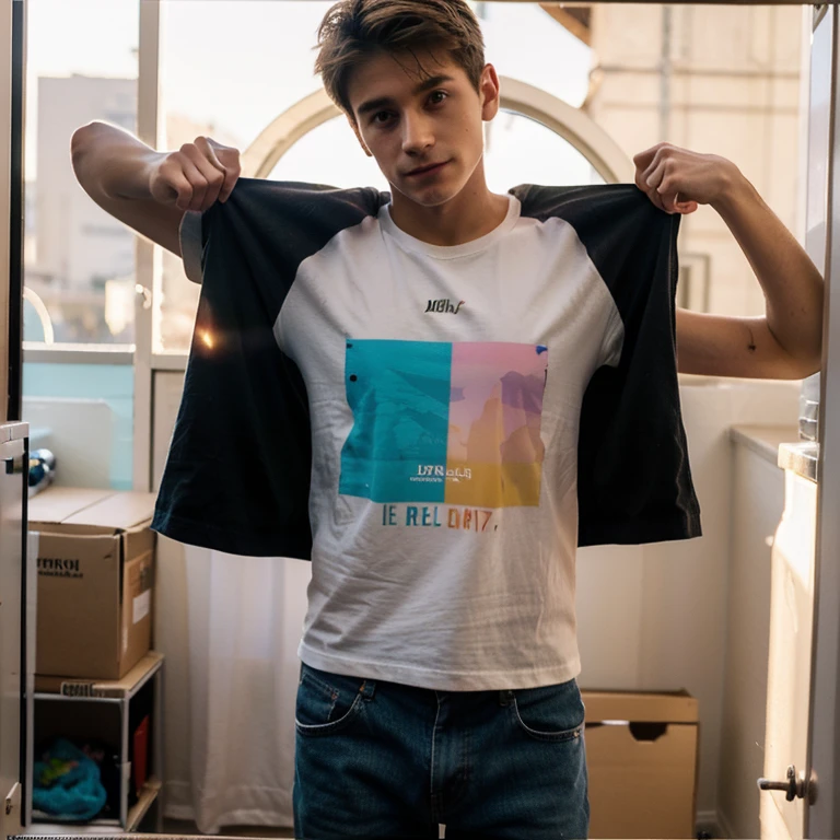 funny man, FUNNY gay appearance,  usando roupas e acessorios LGBT. the setting is your room with many posters of a singer 
