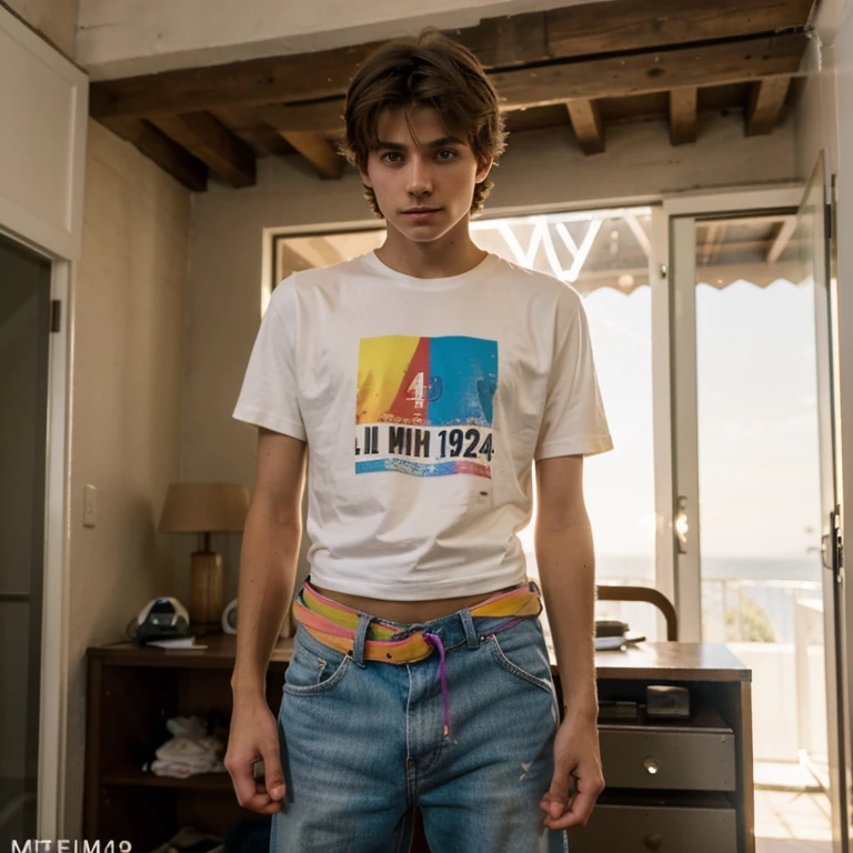 Un homme twink mignon de 19 ans d'1m74 assez fin. Il porte un t-shirt multicolore très ample et se cache derrière un ordinateur. Il a le regard apeuré. There is a light from the sunset reflecting on his skin.