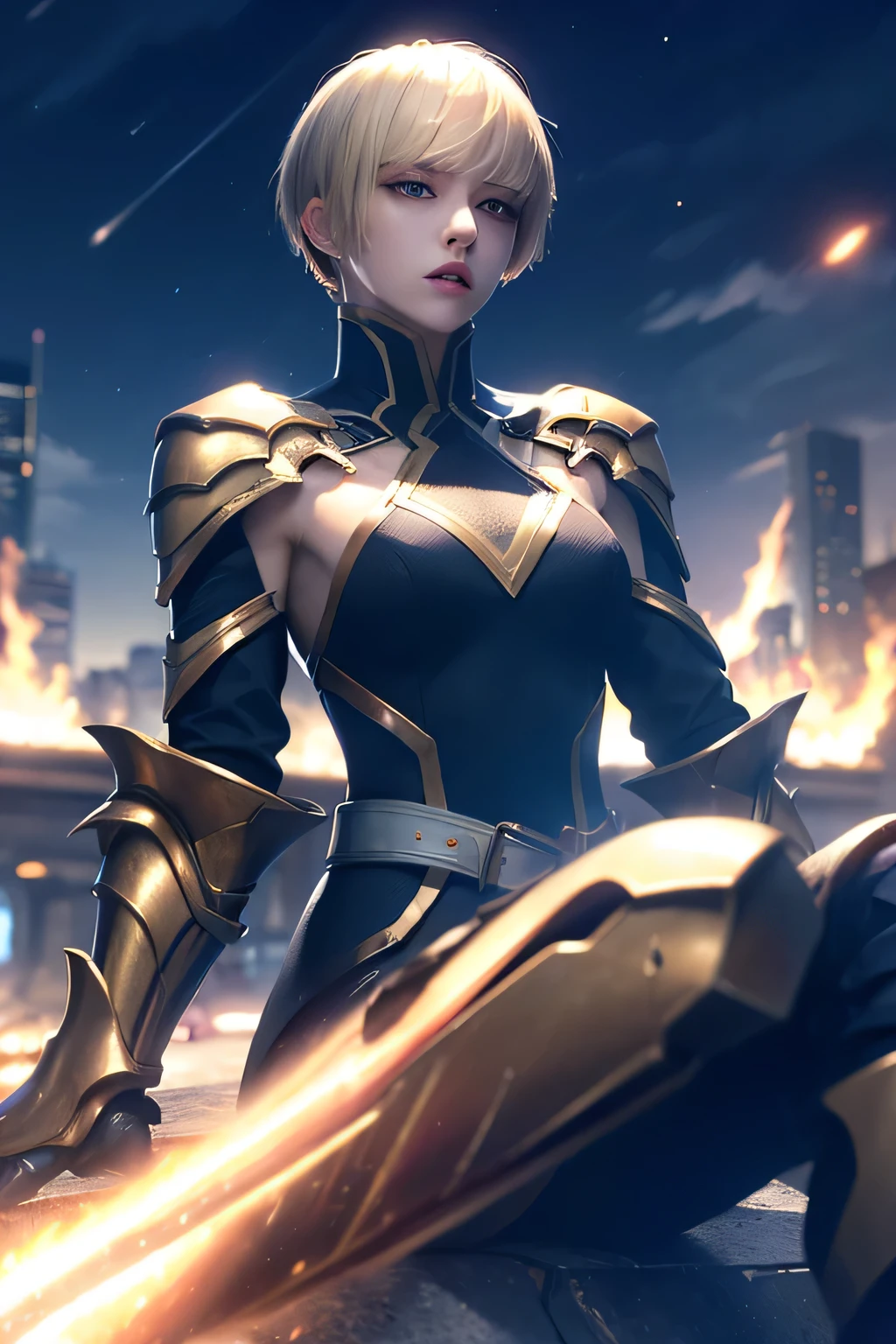 (masterpiece),((ultra-detailed)), (highly detailed CG illustration),(expressionless), (best quality:1.2),(1girl:1.2), enzo, solo, looking at viewer, short hair, bangs, blunt bangs, blue eyes, blonde hair, gloves, 1boy, male focus, armor, shoulder armor, (blood), fire, blood on face, gloves, black gloves, belt, boots, armored boots, gauntlets, pants, black pants, coat, white coat, dual wielding,  outdoors, sky, star (sky), city background, night, realistic, sitting,