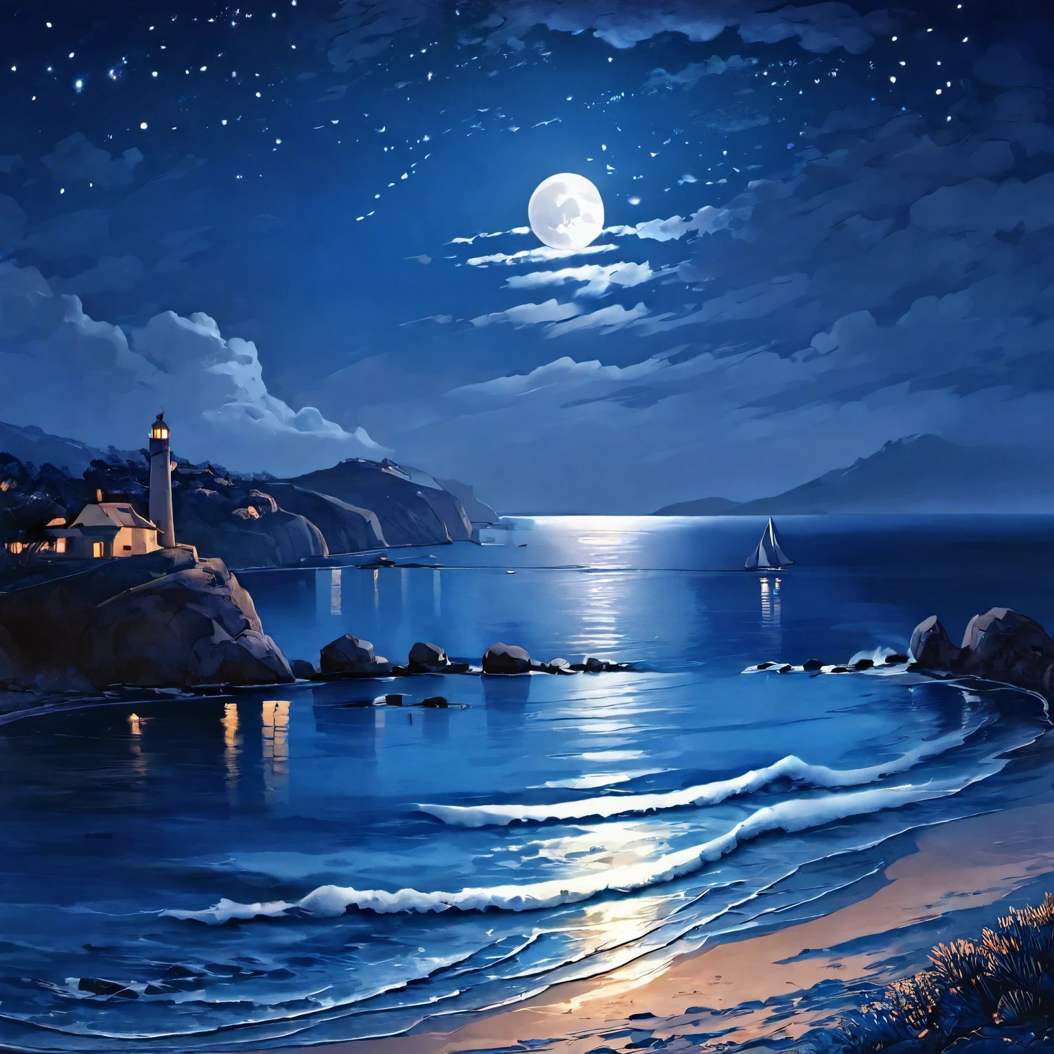 (best quality,8k,highres, masterpiece:1.2), ultra-detailed, HDR, UHD, studio lighting, ultra-fine painting, sharp focus, physically-based rendering, extreme detail description, professional, vivid colors, portraits, concept artists, warm color palette, dramatic lighting,Beautiful coast, midnight,blue moon on the horizon, on the shore, beautiful ripples of waves, distant view, stars visible, overall blue landscape, blue coast, no people, some islands in the distance,Beautiful coast, before dawn, full moon on the horizon, on the shore, beautiful ripples of waves, distant view, stars visible, overall blue landscape, blue coast, no people, some islands in the distance,(oil painting),