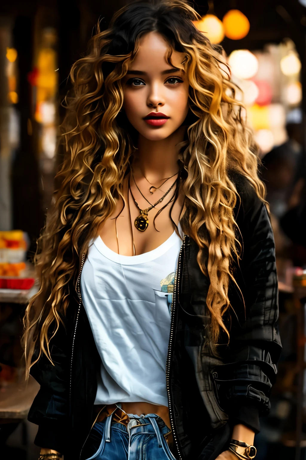 1girl, bellissima, breasts, cleavage, depth of field, dreadlocks, freckles, jacket, long hair, long sleeves, looking at viewer, necklace, parted lips, portrait, realistic, shirt, solo focus, t-shirt, wavy hair, seductive look, half body shot,by Ellen von Unwerth