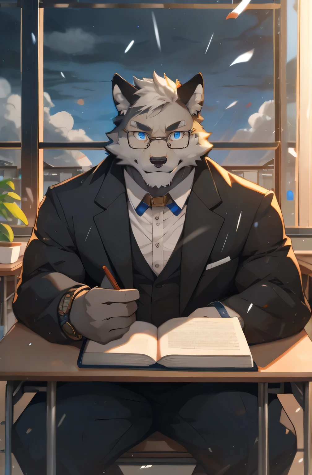 masterpiece,night,Anthropomorphic gray wolf,one person,(((s hair))),male,26 years old,thick eyebrows,Light-colored fur,Strong body,pectoralis major,(((,Black Teacher,gold watch,blue and black glasses))),full-body shot,在classroomAttend class,(((holding a textbook))),(((Looking out the window)))dark night,Light,classroom,(((white hair))),Serious,Emotional Focus,read,peaceful,teacher,Attend class,Light blue pupils,big eyes,Strong,Lying in bed,Full body image,The sky is covered with dark clouds,cloudy day,Green Plants,it'it'rain,Big Tree,High-rise,dark clouds(((background:High school classroom1.5))),(((Detailed character description))),
